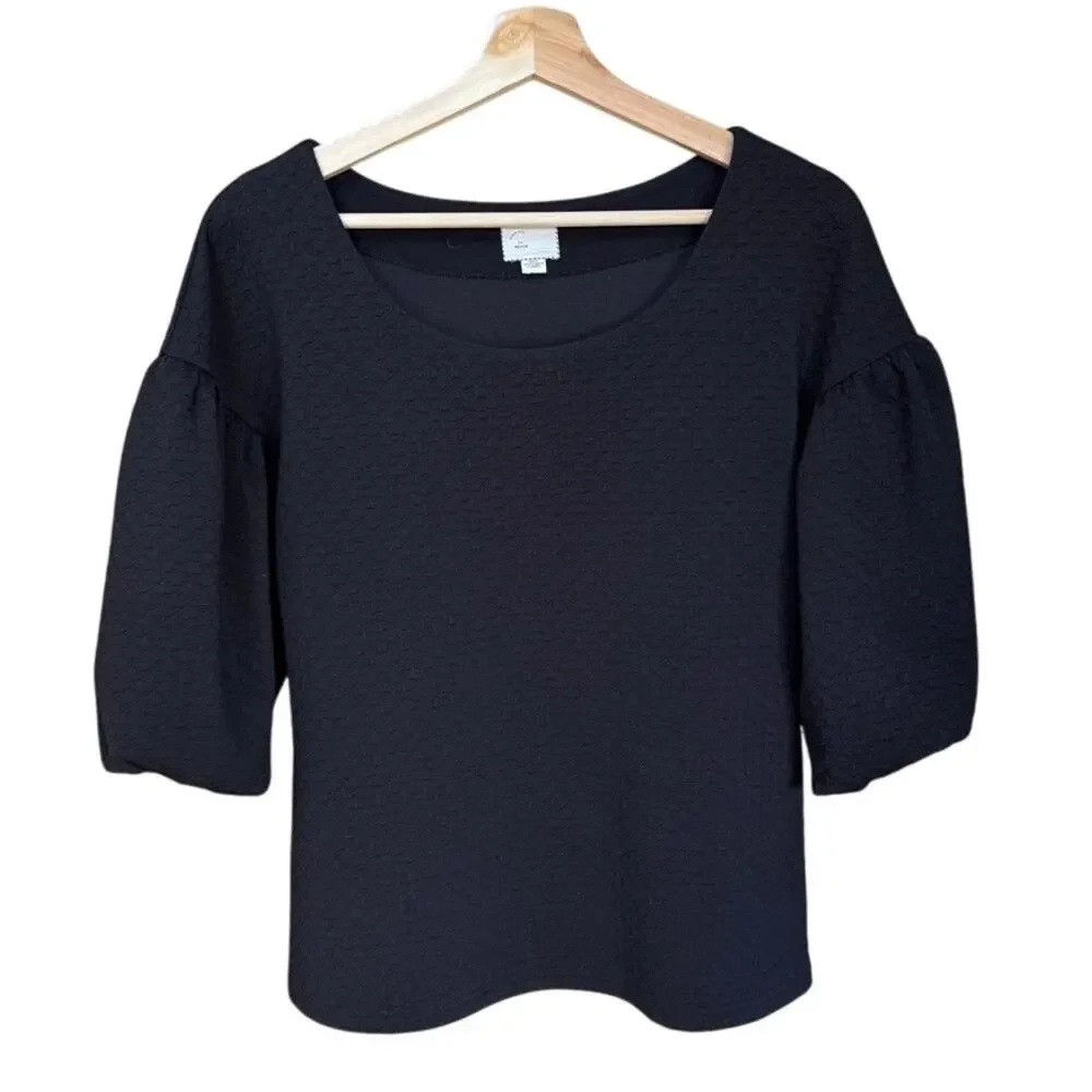 Anthropologie Black Houndstooth Textured Stretch Knit Balloon Sleeve Top Sz M